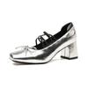 Vintage Leather Square Heel Mary Jane Shoes High Heel Fairy Ballet Shoes Cross Strap Silver Single Shoes