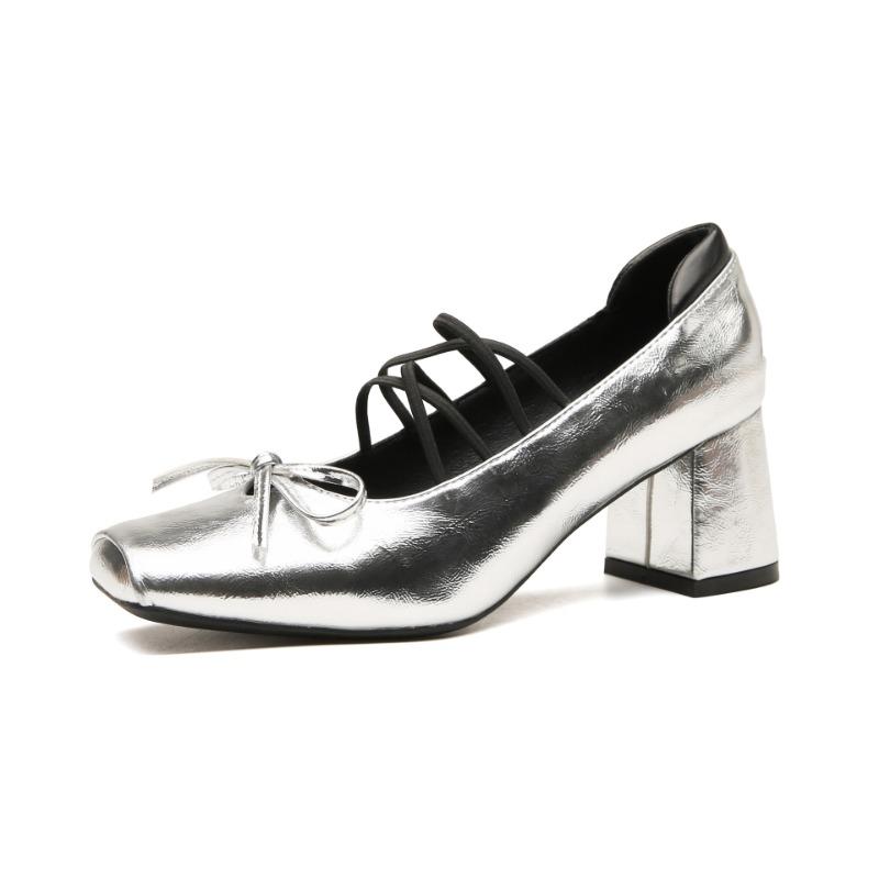 Vintage Leather Square Heel Mary Jane Shoes High Heel Fairy Ballet Shoes Cross Strap Silver Single Shoes