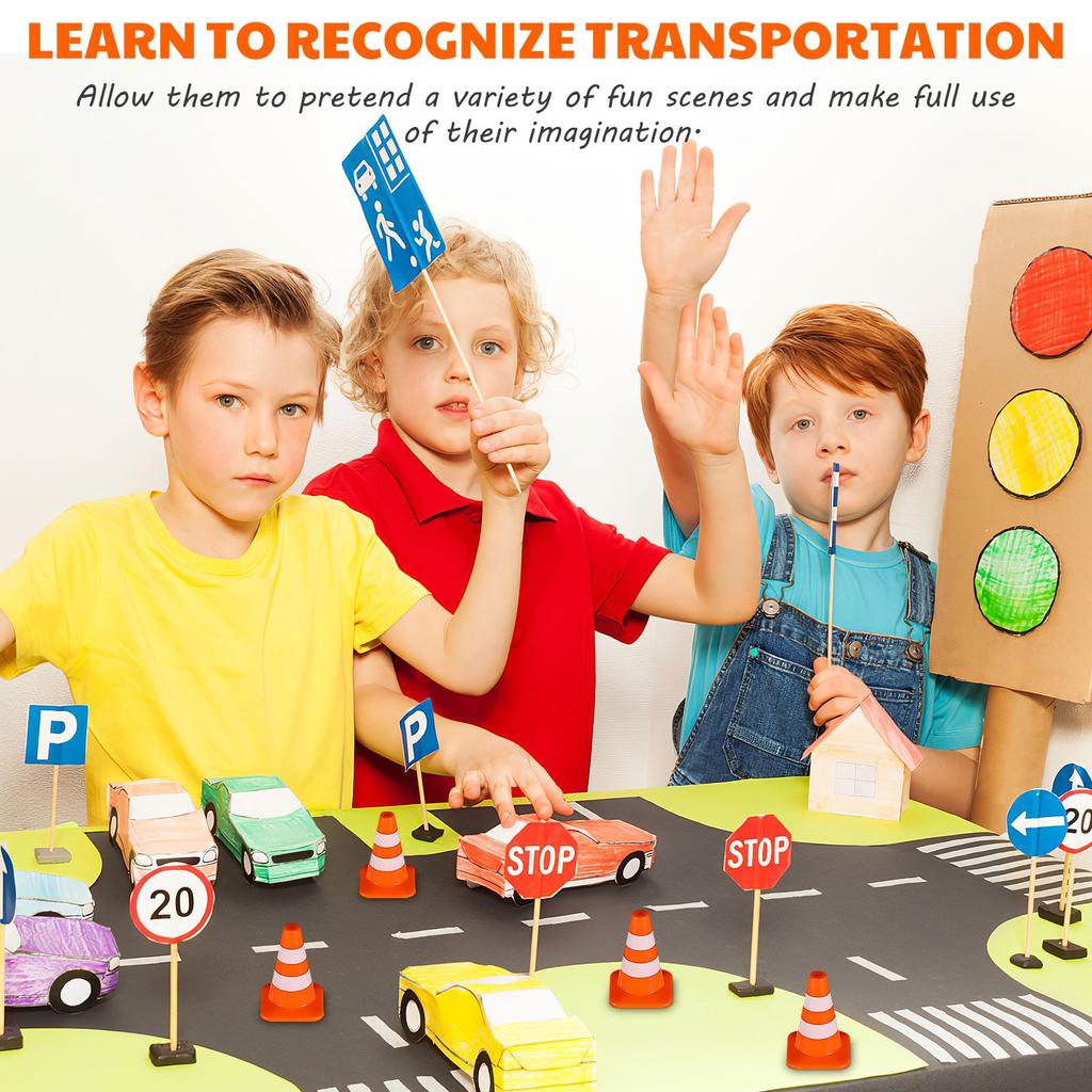 7pcs Mini Plastic Traffic Signs Traffic Road Cones Training Roadblock Signs Children Educational DIY House Decor Simulation