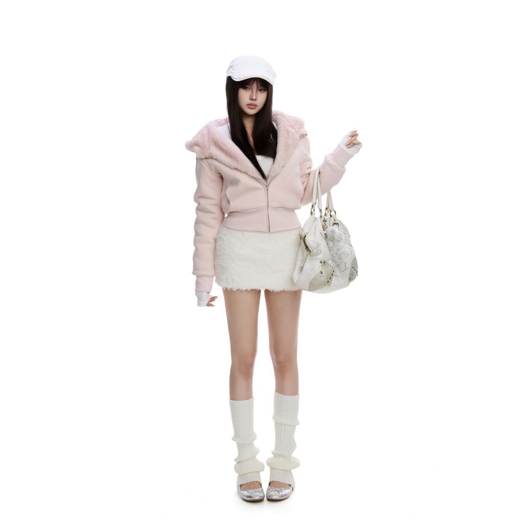 Pink furry short coat women's autumn new pure desire lazy wind waist thin women's top