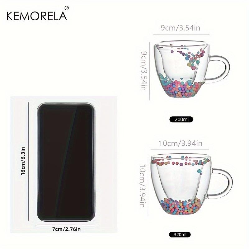 KEMORELA 1 Stück doppelwandige klare Glas-Kaffeetassen klare Glasbecher mit Henkel Herzform farbige Kugeln für Espresso Kaffee