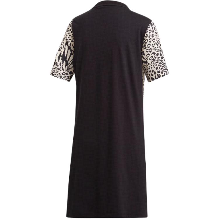 Adidas Originals Logo Patchwork Leopard Print Short Sleeve Dress Women Dresses Black DV0120