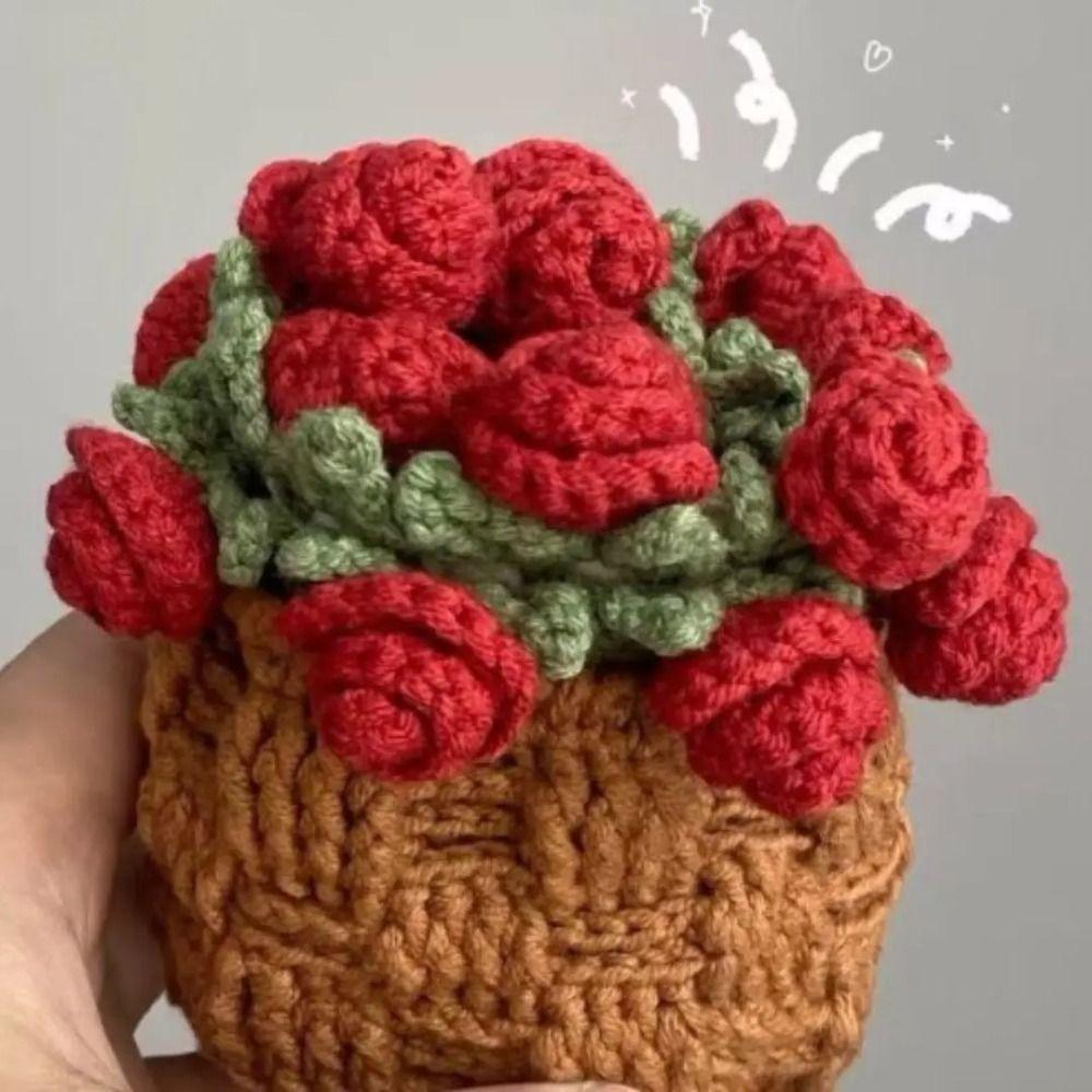 Polyester Handgestrickter Rosenstrauß Handgestrickter Häkelblumentopf Neue Häkelblumen-Tassenuntersetzer Geschenk