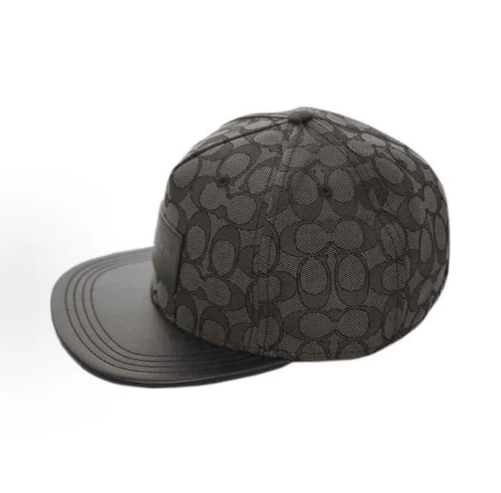 Coach Casquette de baseball Signature à bord plat, Impression Monogramme C Noir All-Over, Visière en Cuir Véritable, Calotte Rigide, Protection UV de Luxe, Casquette Street Skate