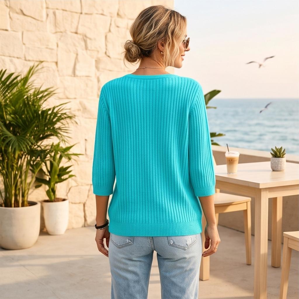 Women's V-Neck Three-Quarter Sleeve Knit Top, Casual Lightweight Base Layer for Spring and Fall