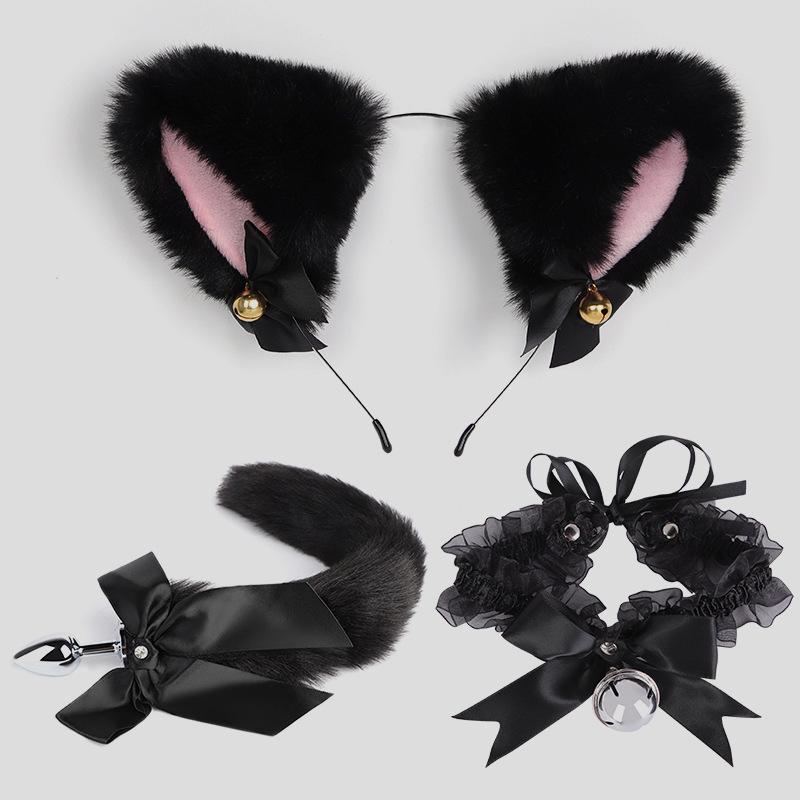 Cat Tail Bell Headband, Anal Plug, Nipple Clamps Flirting Set