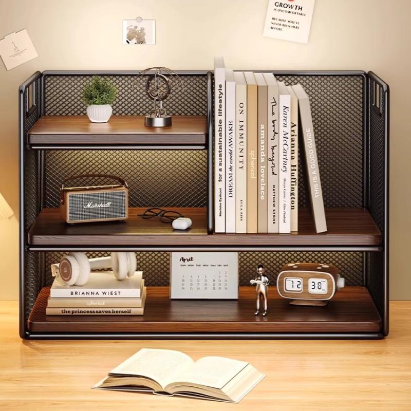 Dense Mesh Iron-Wood Multi-Tier Desktop Organizer Office Storage Rack Ventilated Space-Saving Multi-Function File Holder Shelf