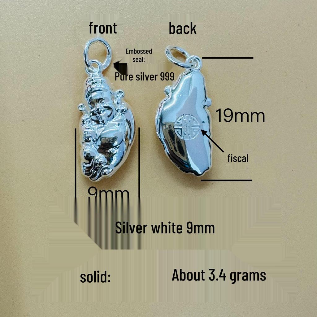 Solid 999 Silver God of Wealth Pendant with Five Directions, Mountain Ghost Flower Coin, and Eight Treasures Compass Design