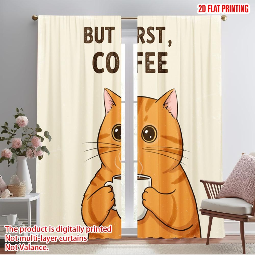 

2pcs 2D flat printing Curtain Cute Cat Coffee 100% Polyester Fabric Without Electricity Holiday Decorations Use for room decor 52.50×116.00 CM 2pcs