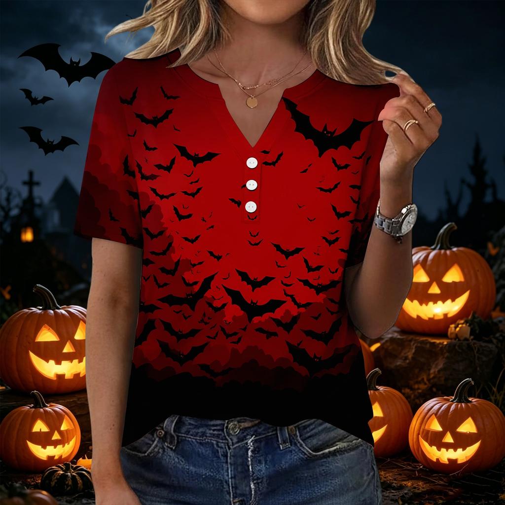 Womens Casual Halloween V Neck Short Sleeve Button T Shirt Spider Web Print Lightweight Top for Fall Seasonal Wear