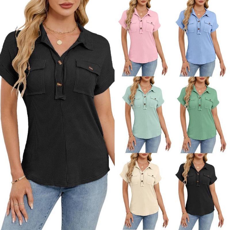Summer New Women's Lapel Pocket Short-sleeved Solid Color T-shirt Casual Versatile Top