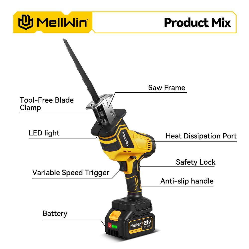 MELLWIN Brushless Electric Reciprocating Saw With 4Saw Blades Metal Wood Cordless Electric CutSaw Tool For Makita 18VBattery Pin