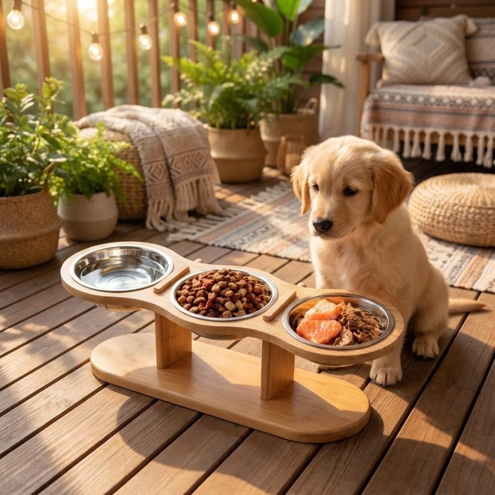 Neck-Protecting Pet High Footed Bowl Detachable Cat Food Water Bowl Wood Stand Feeder  Indoor Use