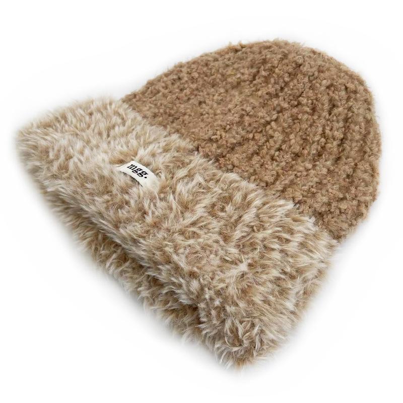 Cat Brother Korean Style Knit Hat: Color Block Plush, Warm Wool, Women's Large Head Circumference