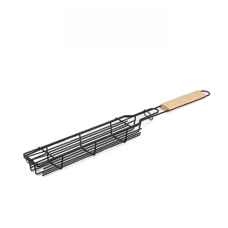 

Wooden Handle BBQ Cage Outdoor Camping Meat Vegetable BBQ Grill Net Rack Picnic Grilling Tool Charcoal Grilled Sausage Skewer