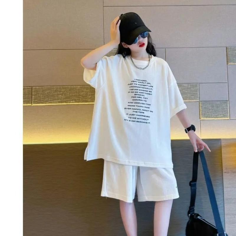 Summer Girls Suit Child Set Cloth Letters Short-Sleeved Loose T-shirt + Short Pants Teenager Tracksuits Kids 4-12 Year