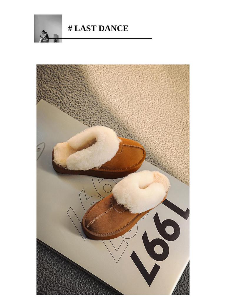 Women's Furry Leather Snow Boots - Thick Sole, Closed Toe, Non-Slip, Warm Slippers