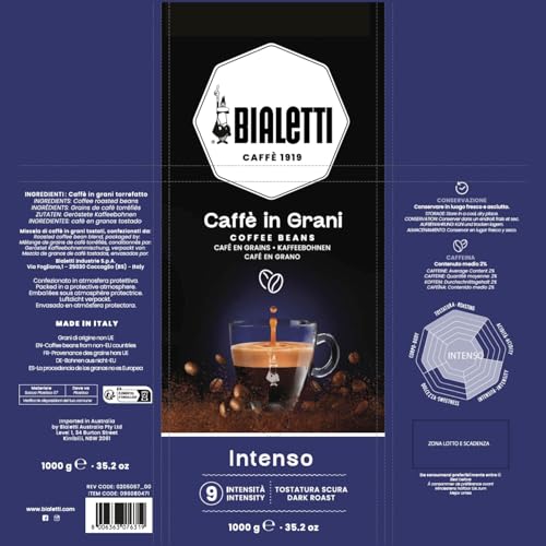 Bialetti Caffe Grani Intenso (1kg, 100% Robusta Beans) - Italian Coffee, Espresso, Drip, French Press, Coffee Beans