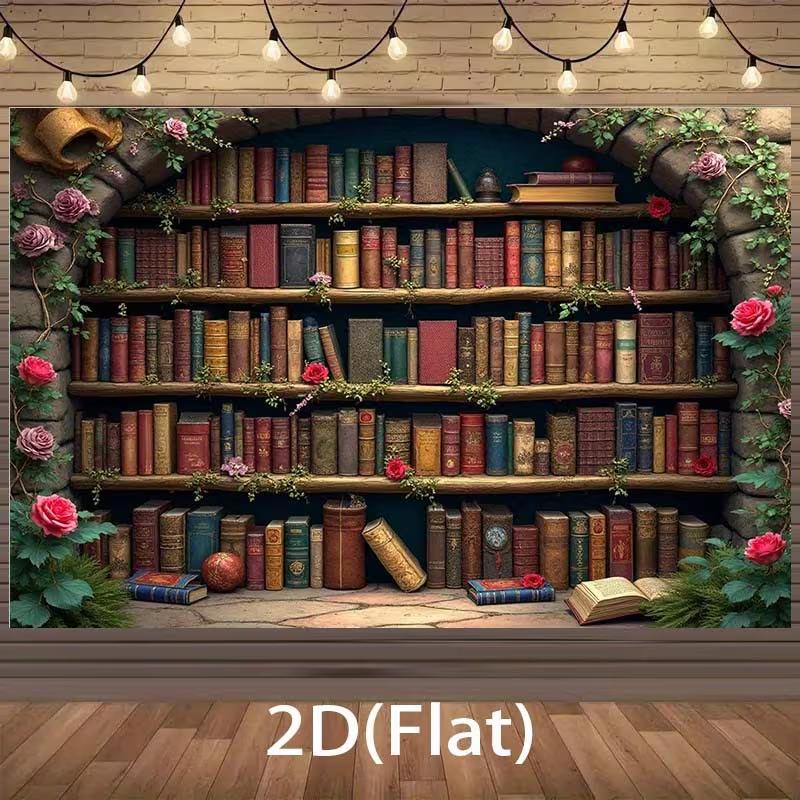 2D Romantic Library Tapestry Vintage Bookshelf with Blooming Roses and Ivy Wall Art
