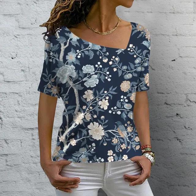 

Модна футболка з V-подібним вирізом Літня футболка з квітковим принтом з коротким рукавом Жіноча повсякденна базова футболка Жіночі вінтажні елегантні топи 5XL