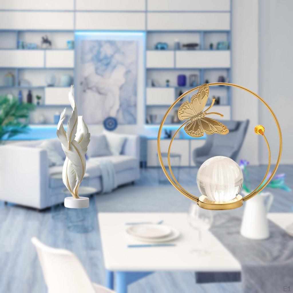 Modern Feather Sculpture Crystal Ball Statue Metal Resin Figurine Art Crafts Collection Decorative