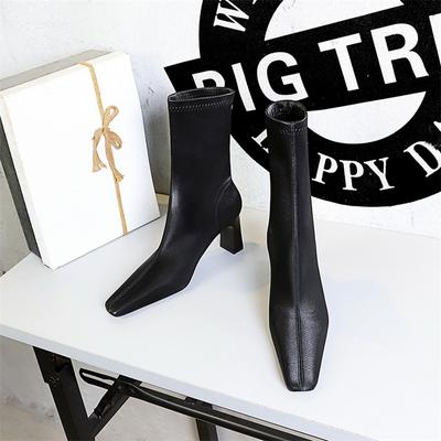 Mode Mode Schlichte Damen Stiefeletten Eckige Spitze Schlanker Hoher Absatz PU-Leder Schwarz Klobige Absätze Herbst Winter Kurze Stiefel