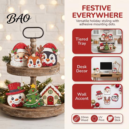 Solid Wood Holiday Decorations Christmas Wooden Vintage Sign, Rustic Table Ornament, 2D Santa Claus Home Party Supplies Snowman Penguin Desktop