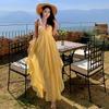2026 Summer Light Yellow Plaid Backless Halter Dress - Island Beach Resort Style