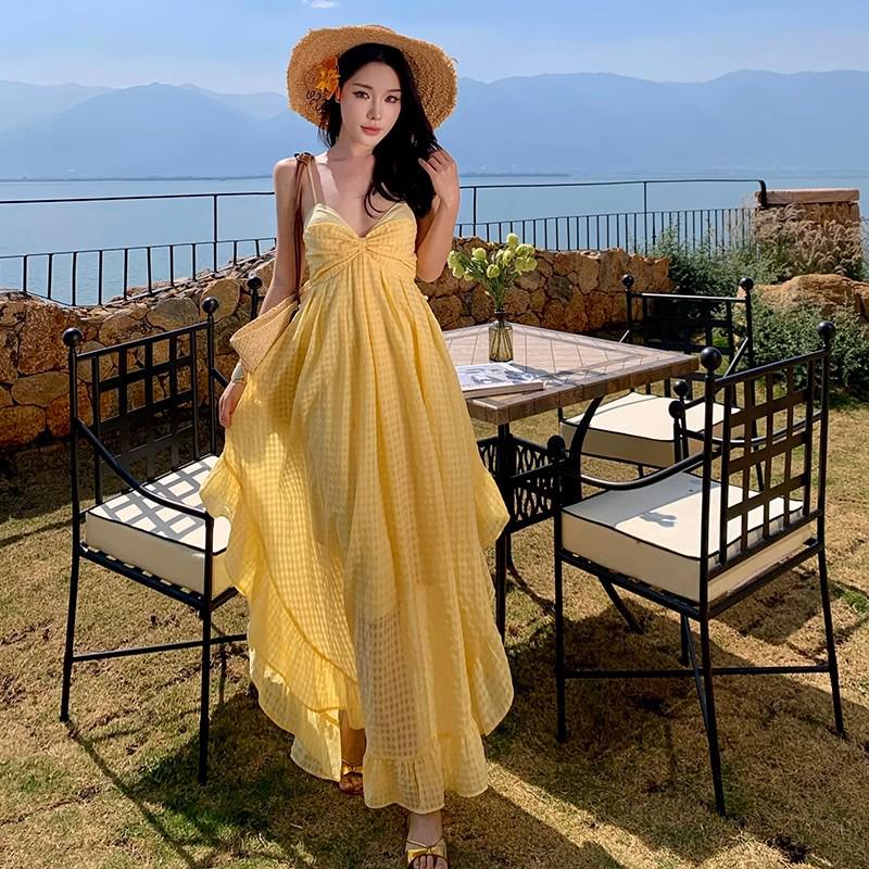 2026 Summer Light Yellow Plaid Backless Halter Dress - Island Beach Resort Style