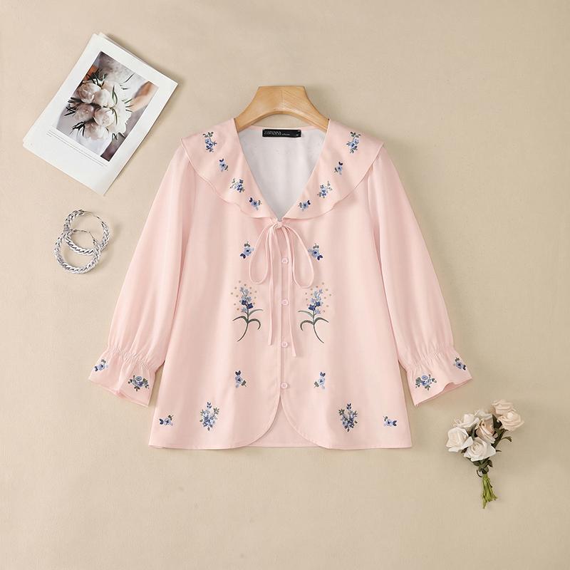 ZANZEA Women Ruffles V-Neck Loose Casual 3/4 Sleeve Floral Print Blouse