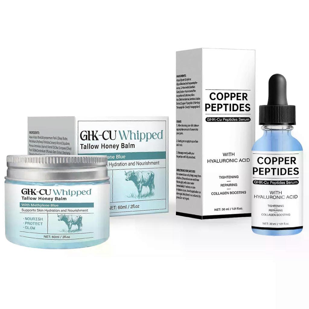 GHK-Cu Kupferpeptid-Serum & geschlagenes Talg-Honig-Balsam Set, Anti-Aging Hautpflege-Kit mit Hyaluronsäure, Kollagen-förderndes reparierendes feuchtigkeitsspendendes Duo