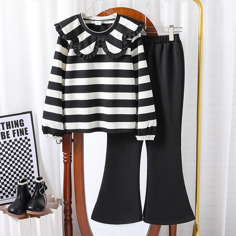 

Комплект для девочек Весенний Детский Полосатый С отложным воротником Толстовка с длинным рукавом Брюки широкие от бедра Комплект из двух предметов 170cm=12Y белый