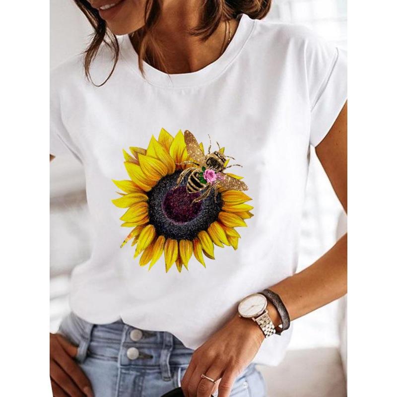 Spring Summer Women's Clothing Love Flower Plant Printed Casual Simple Trendy Top Round Neck Pure Cotton Short Sleeved T-Shirts Women’s