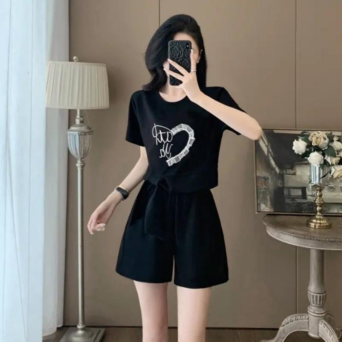 

European Fashion Sports Suit for Women Summer Loose Casual Short-sleeved Shorts Two-piece Set Black Gray XXL чорний
