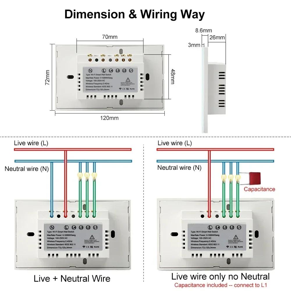 WiFi Tuya RF for Lights Australia US BR IL Alexa 220V 1 2 3 4 Gang Smart Remote Control Touch Light Switch Neutral + Live Wire