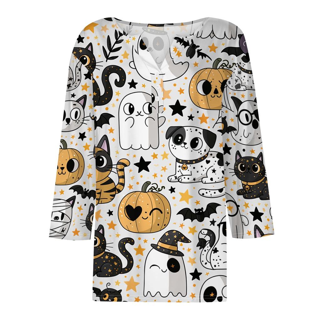 Lady's fashionable casual V-neck buttoned Halloween print three-quarter sleeve