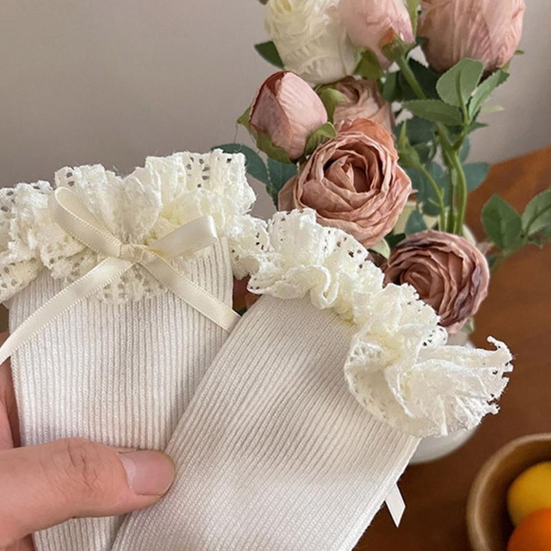 1 Pair Ruffle Ankle Socks Sweet Frilly Socks Ballet Socks for Girls with Bows Lace Top Sock Princess Style Dress Socks