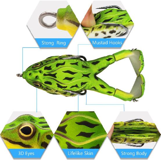 Top Water Soft Frog Bass Fishing Lures Kit, Double Propeller Legs, 5 Connection Rings, Thickened Silicone Skin, Bigger Splash More Attractive,