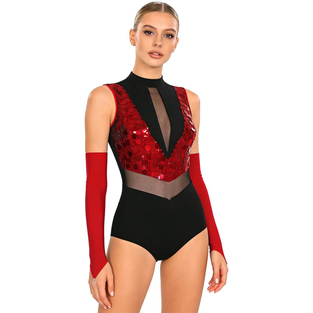 Women Shiny Sequin Leotard Gymnastics Dance Performance Outfit Mock Neck Sleeveless Sheer Mesh Waist Cutout Back Bodysuit