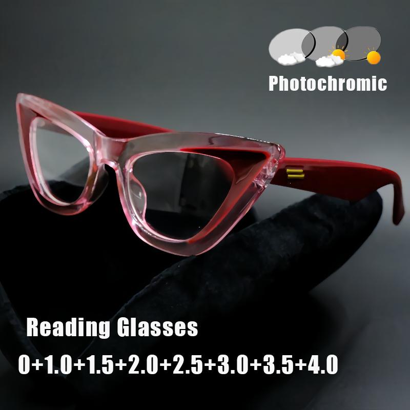 Trekant Katteøye Fotokromiske Presbyopibriller Dame INS Stil Mote Skift Grå Lesebriller med Pluss Dioptrier