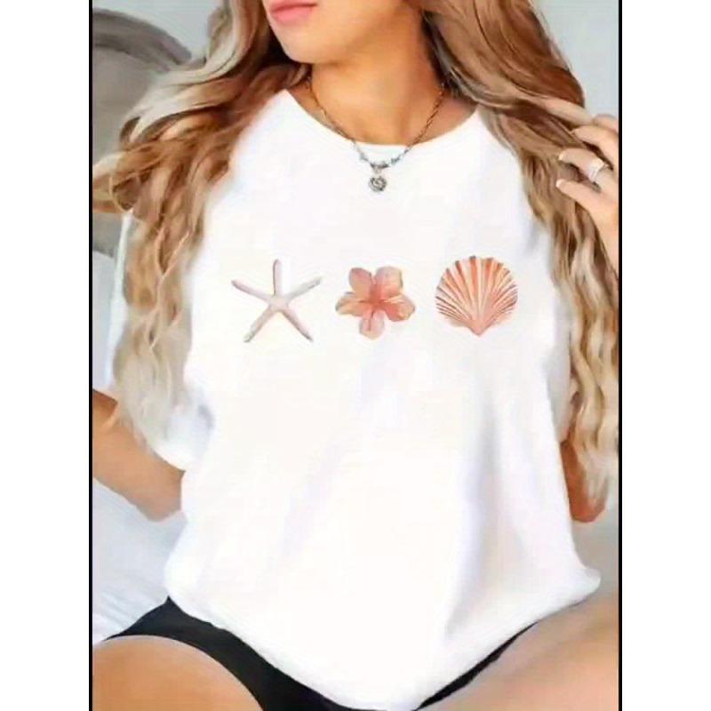 European Size Women's Casual Short Sleeve T-Shirt - Seashell & Starfish Print Summer Vacation Top, Relaxed Fit Round Neck