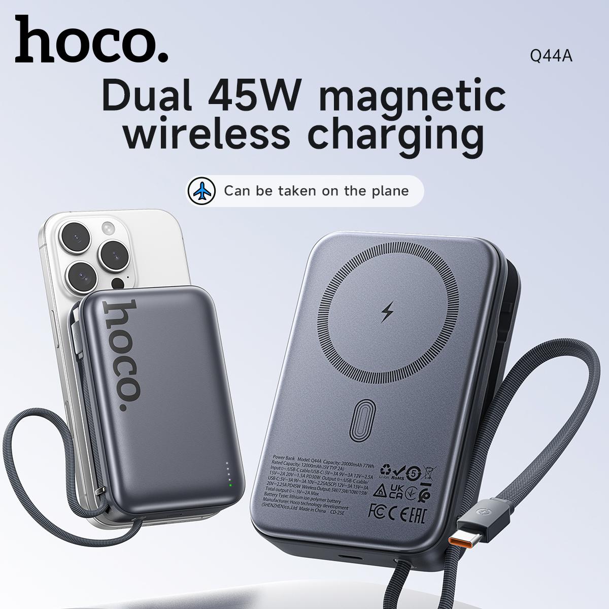 

Внешний аккумулятор HOCO 20000 мАч 45 Вт PD с кабелем Беспроводное зарядное устройство Q44A темно-серого