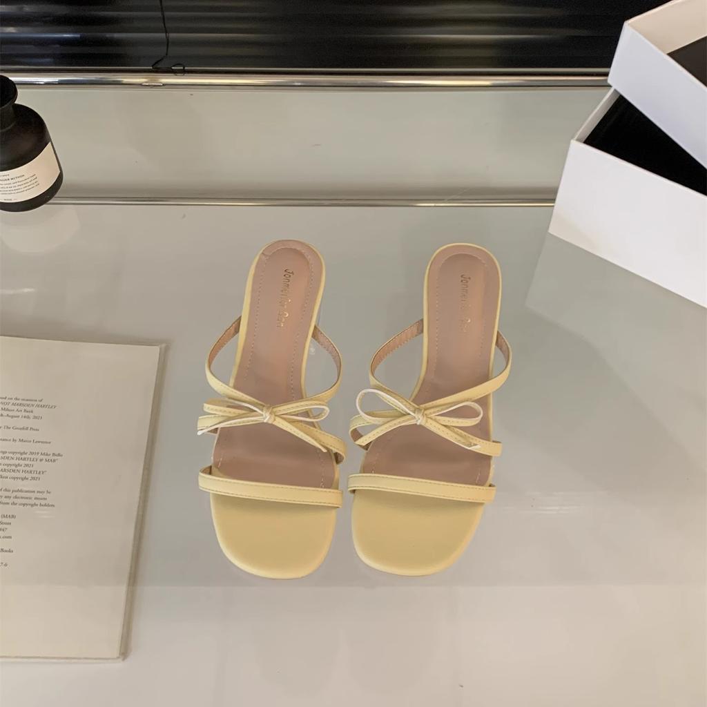 French Fairy Style Gentle Evening Shoes Bow Word with Open Toe Cool Slippers Female Summer Wear Crystal Heel Sandals