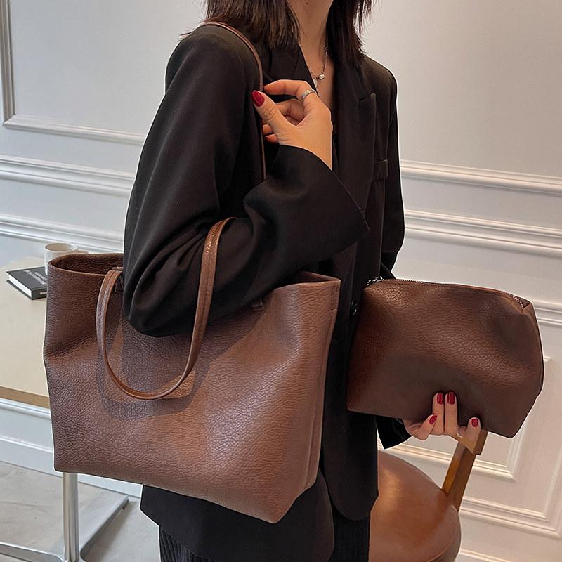 Soft Leather Tote Bag for Women 2026 New Large Capacity Casual Shoulder Handbags Solid Color Versatile Commuter Work Bags