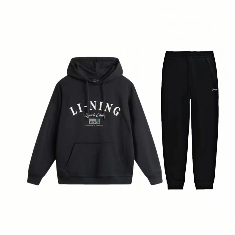 Li Ning American Style Drop Shoulder Letter Print Hooded Loose Long Sleeve Elastic Waist Long Pants Casual Sports Suit Unisex Suit AWDU673-3+AKLSC99-1