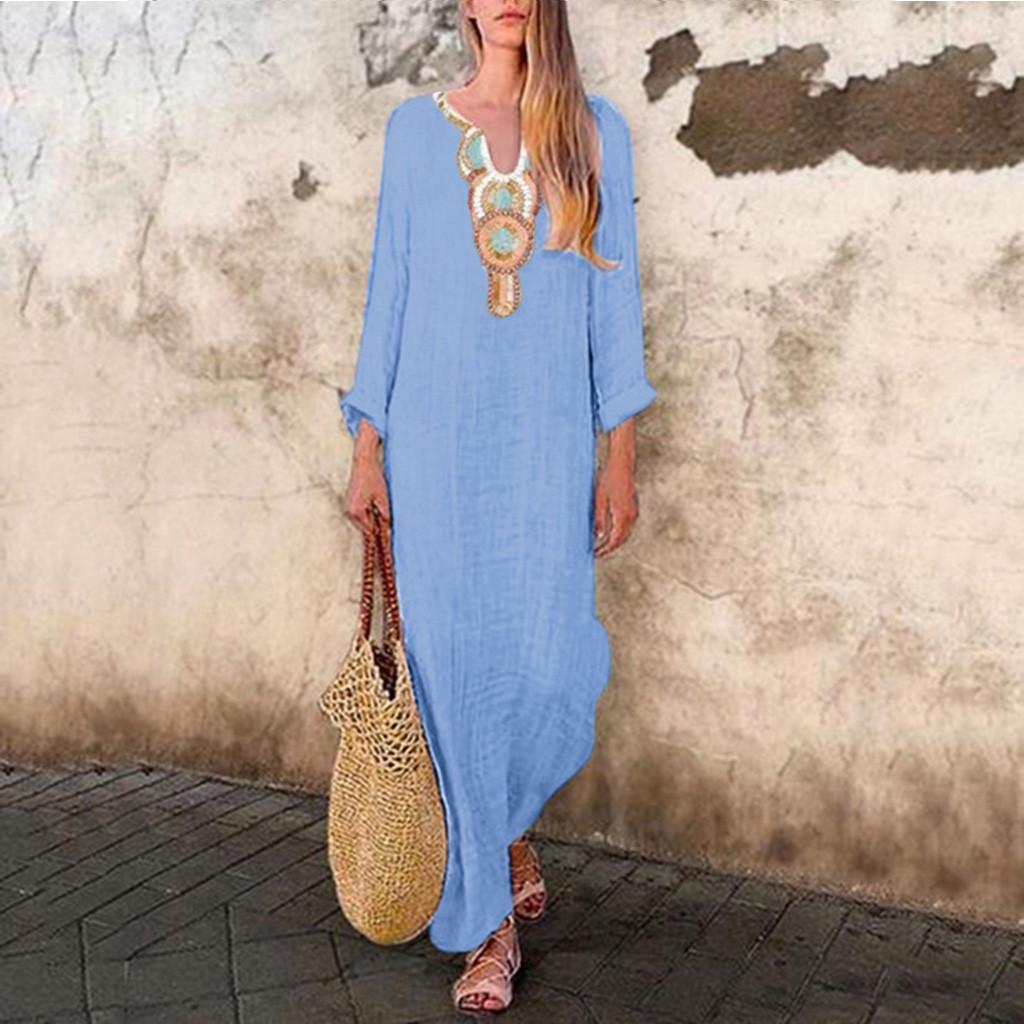 Women’s Printed Long Sleeve U-neck Maxi Dress Split Hem Baggy Kaftan Long Dress
