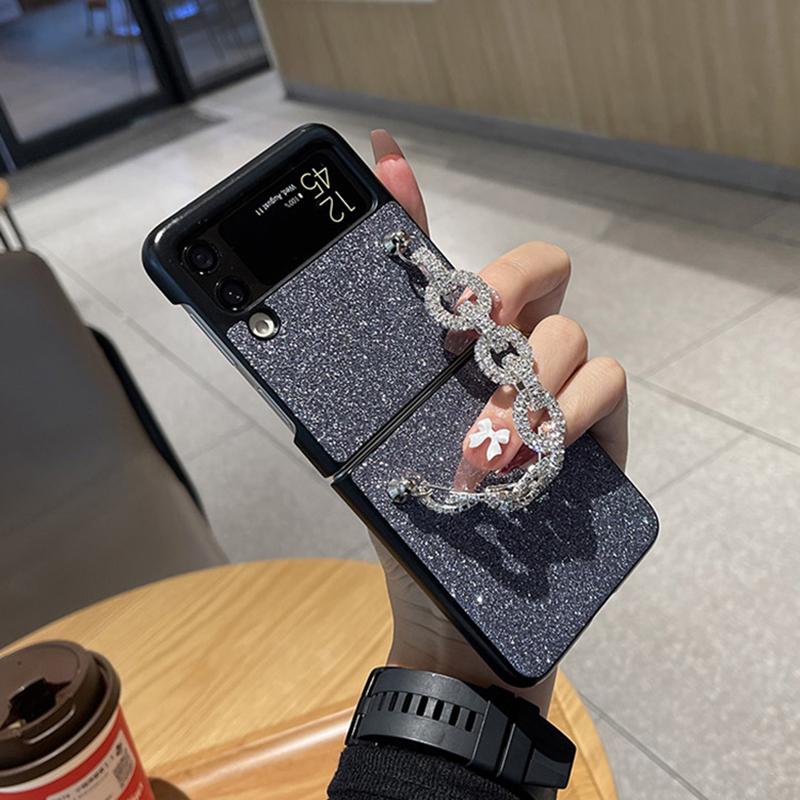 Husă pentru telefon din piele PU, brățară portabilă cu strasuri, cu sclipici, pudră, pentru Samsung Galaxy Z Flip 3 4 husă din spate