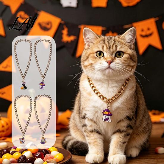 Halloween Themed Pet Accessories Chain Collar Metal Cat Collar with Witch Ghost Strong Necklace Pendant Festive Pumpkin Skull Charm for Cats