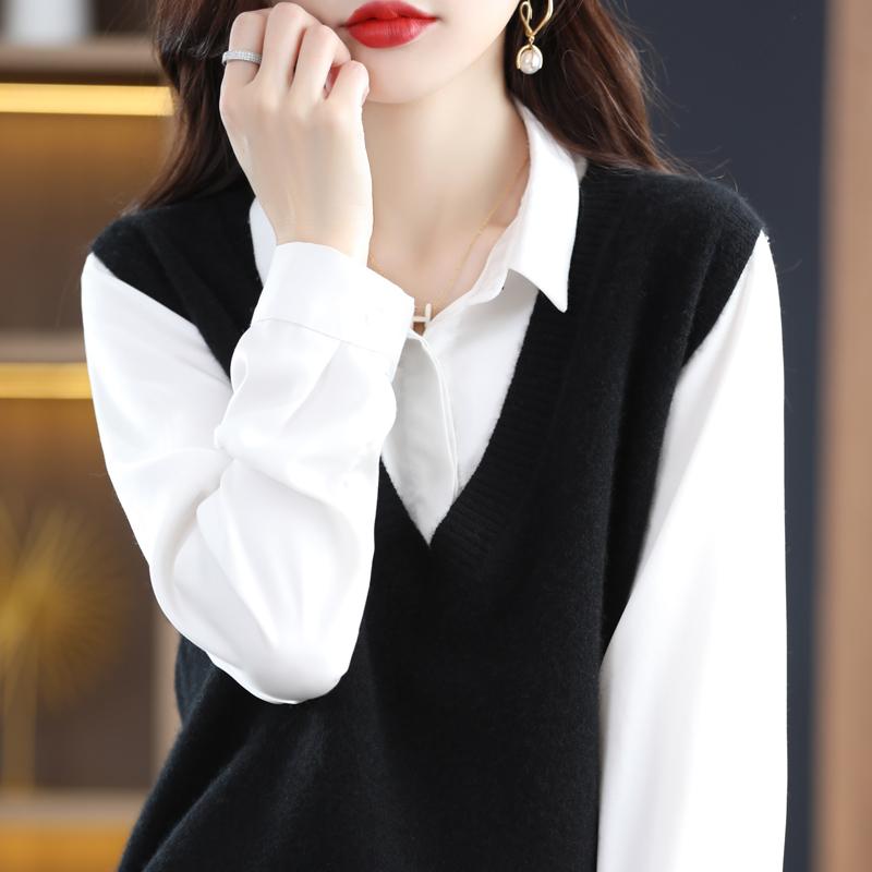 Dámská vesta s výstřihem do V, kašmír Qinghe, 30 % kašmír 70 % vlna, zimní pletený svetr podzimní svetr kašmírový svetr