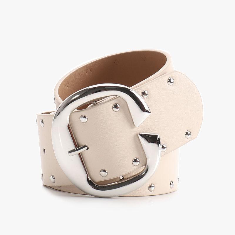 Hop Hip Inspired Women Leather Belt With Double Row Rivets And Large C Buckle